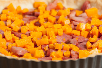 Cooking Process Of Quiche Lorraine With Red Leicester Cheese. Traditional British Food.