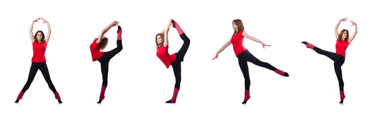 Young gymnast exercising on white