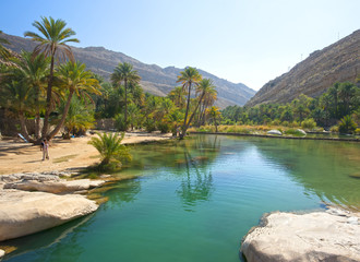 The beautiful mountain scenery. Wadi Bani Khalid. Oman. - obrazy, fototapety, plakaty