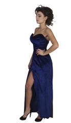 beautiful brunet woman in blue evening dress isolated in white background
