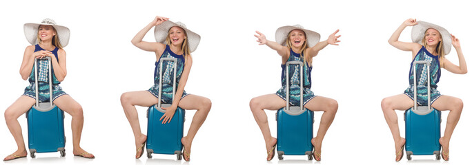 Naklejka premium Collage of woman preparing for summer vacation isolated on white