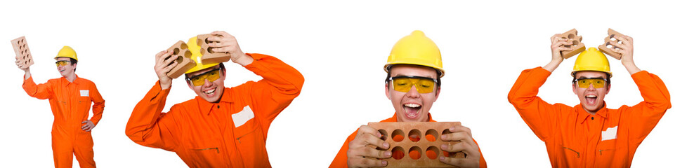 Man with brick isolated on white