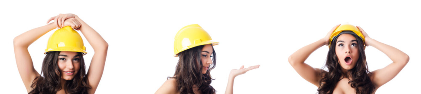 Young Woman With Yellow Hard Hat On White