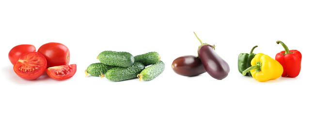 Collage of different vegetables on white background