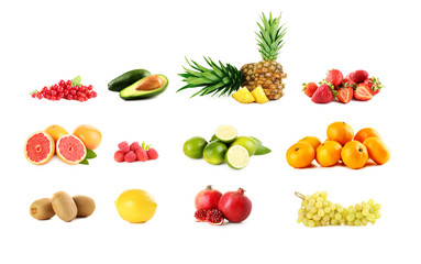 Collage of different fruits on white background