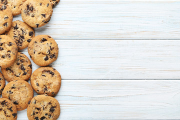 Chocolate chip cookies on white wooden table