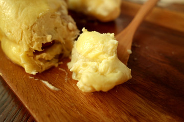 Durian fruit on table