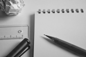 sketch drawing set. Crumpled paper, pencil, fountain pen, notebook. with monotone theme. © SeemaLotion