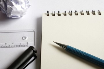 sketch drawing set. Crumpled paper, pencil, fountain pen, notebook. with high contrast theme. © SeemaLotion