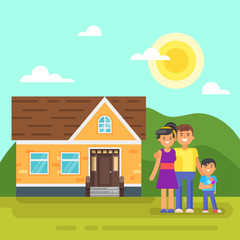 Fototapeta na wymiar Vector flat style illustration of house with happy family.