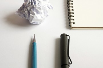 sketch drawing set. Crumpled paper, pencil, fountain pen, notebook. with high contrast theme. © SeemaLotion