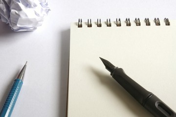 sketch drawing set. Crumpled paper, pencil, fountain pen, notebook. with high contrast theme. © SeemaLotion