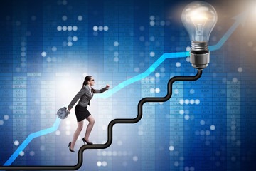 Businesswoman climbing career ladder towards light bulb
