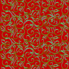 Red background with green floral ornament. Illustration.