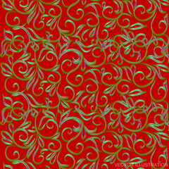Red background with green floral ornament. Vector illustration.