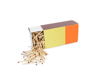 Big half open recumbent matchbox filled with matches on white background