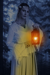 Naklejka premium portrait female high elf with lantern at night