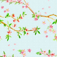 romantic seamless texture with almond blossom flowering twig. watercolor painting