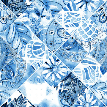 monochrome seamless texture with blue folk patchwork pattern. watercolor painting