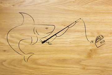 shark fishing rod about to catch a wallet from a bowl