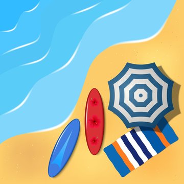 Sea beach, surfboards, beach umbrella. Vector.