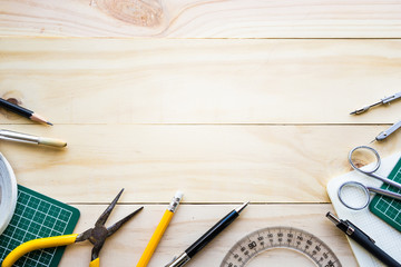 Top view of wood table with elements of tools,equipment.Creativity decoration design.and handmade...
