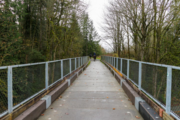 Crossing bridge on trail with horses