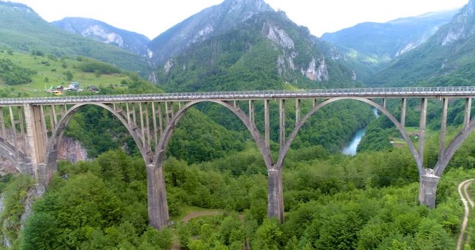 Djurdjevic Bridge is a concrete arch bridge across the Tara River in the northern part of Montenegro. Aerial.