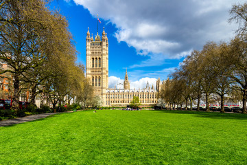 Westminster Abbey viewed from Victoria tower gardens, London, UK.
