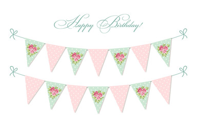 Cute vintage shabby chic textile bunting flags ideal for baby shower, wedding, birthday