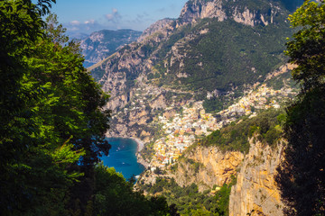 Scenic view of Positano town and beautiful Amalfi coast, Italy