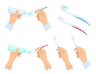 Human hands with toothbrushes, toothpaste tube and paste on the brush. Flat illustration of male and female hands with mouth clean, hygiene, tooth health, care tools. Vector isolated design elements.