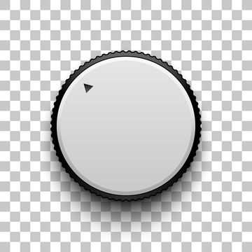 White technology volume knob, music button with realistic designed shadow, range scale and transparent background for design concepts, web, interfaces, UI, applications, apps. Vector illustration.