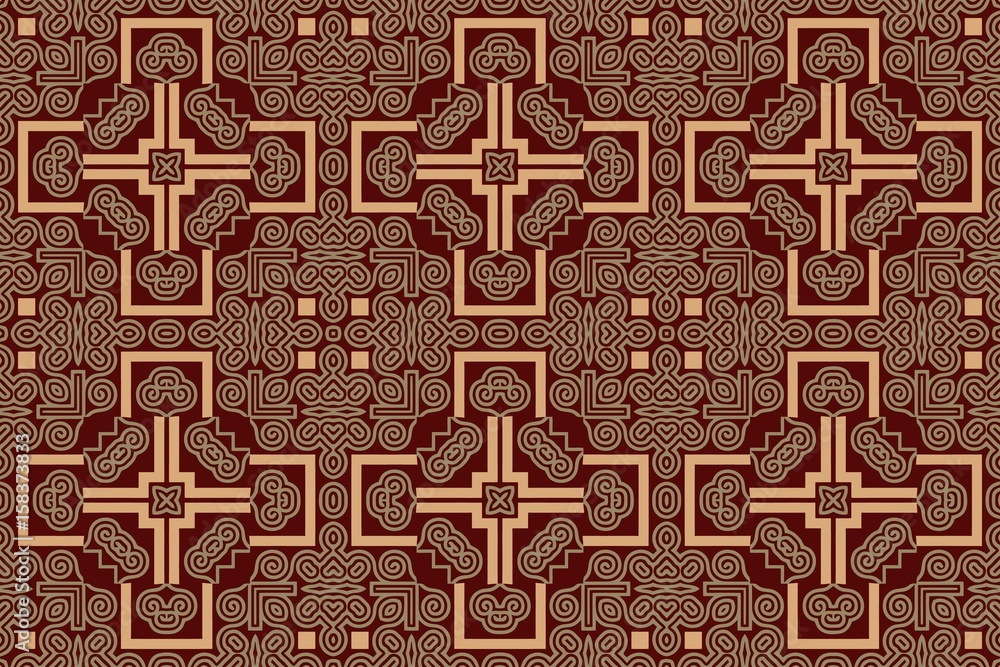 Poster abstract art deco pattern symmetrical eastern geometric maze on a red background