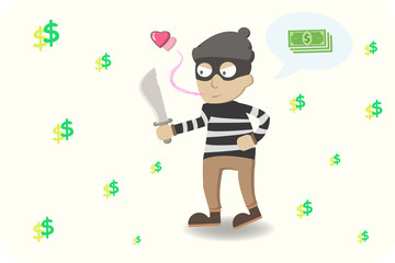 Charming debonair Thief Rob my heart. Cute thief character. Vector cartoon illustration EPS10. dollar,$,heart,background. Robber in mask.