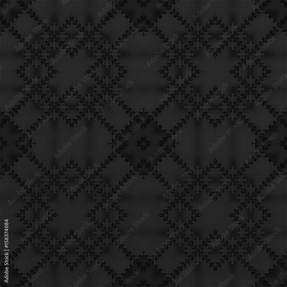 Poster black leather seamless background with abstract symmetrical pattern adorned with sewn seam with thre