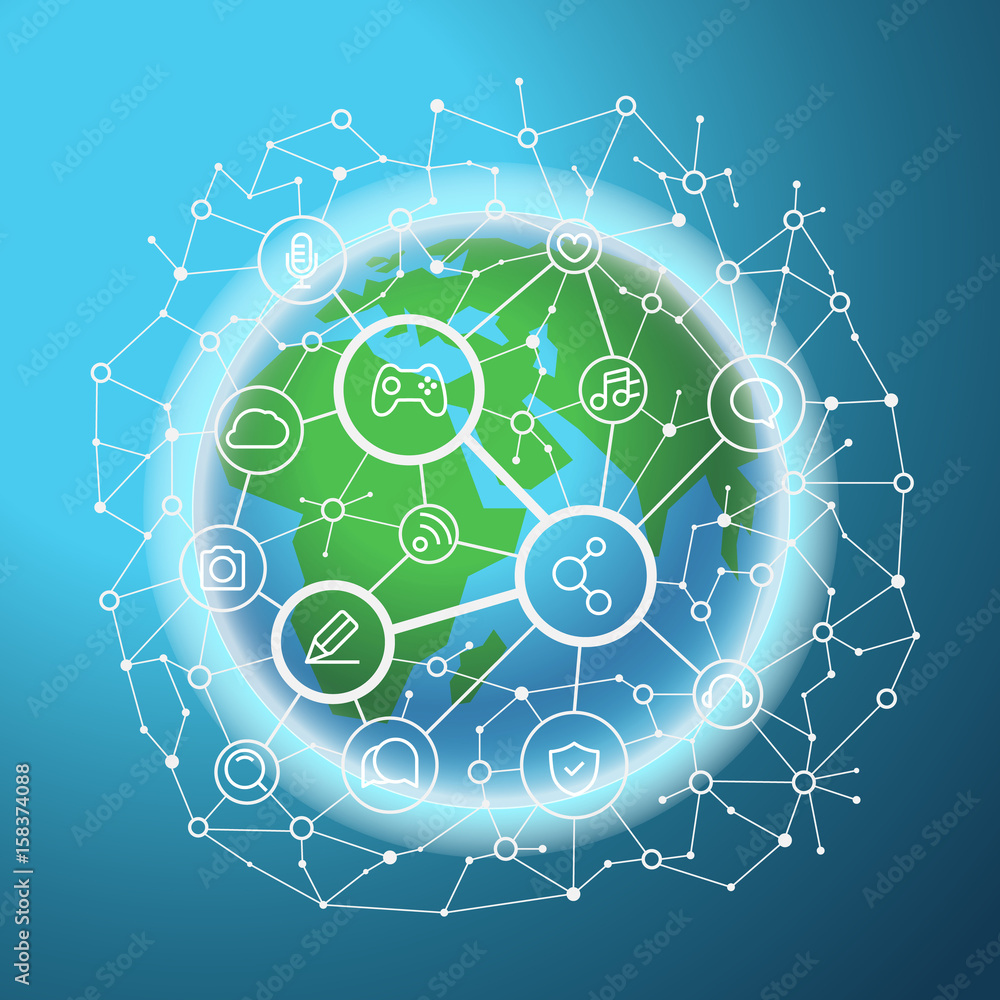 Aufkleber social media network vector concept. abstract communication scheme on the earth