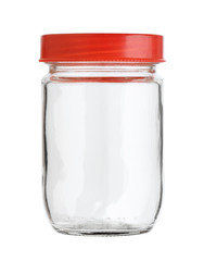 Glass jar with plastic cap isolated on white background