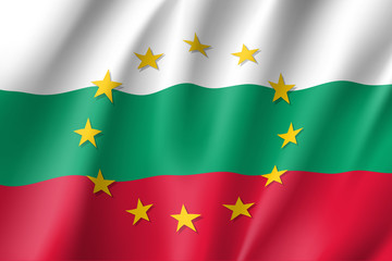 Bulgaria national flag with a circle of European Union twelve gold stars, symbol of unity with EU, member since 1 January 2007. Realistic vector style illustration