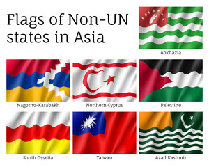 Set of waving flags of non-un states: Abkhazia, Kashmir and Northern Cyprus, Nagorno-Karabakh, Palestine and Taiwan. Collection with 7 signs. Vector isolated icons