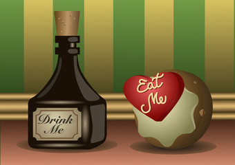 A little bottle and a cookie with labels to eat a to drink. Vector Illustration