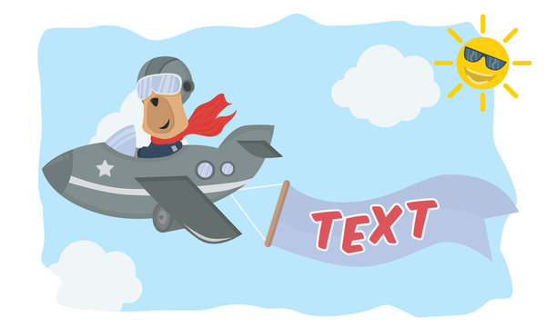 a dog pilot plane in the sky with text banner, animal cartoon vector illustration