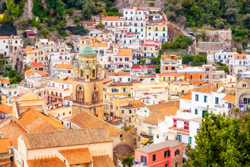 Detail cityscape view of beautiful colorful houses in Amalfi, Italy