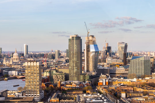 Aerial panorama view on London. View towards Houses of Parliament, London Eye and Westminster Bridge on Thames River.