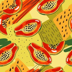 Fototapety  Tropical pattern with papaya.Seamless vector print with exotic fruit.Summer colorful textile texture