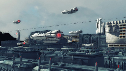3d render. Futuristic city and spaceship
