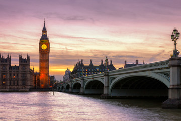 Naklejka na ściany i meble Big Ben, Westminster, London, after colorful sunset