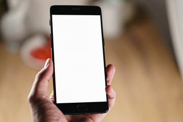 female teen hand holding smartphone with blank white screen, shallow focus
