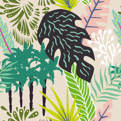 Fototapety  Abstrakcyjne liście i palmy bezszwowe beżowe tło