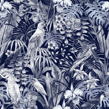 birds pattern blue dark